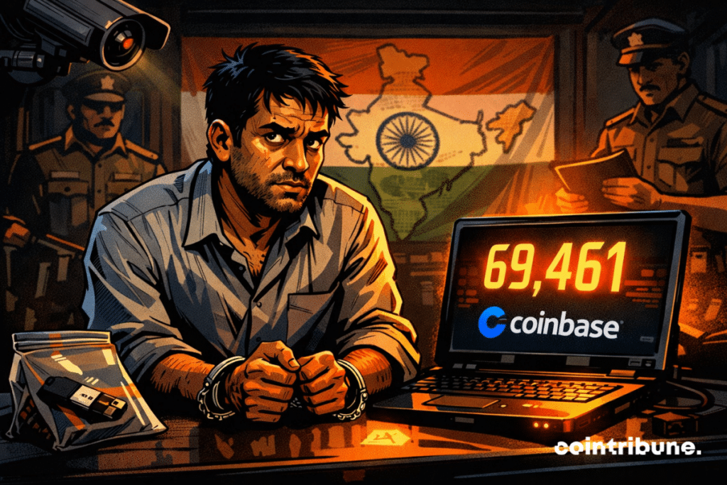 Un homme menotté, visage tendu, face à un écran affichant "69 461" et le logo Coinbase, ambiance indienne sombre.