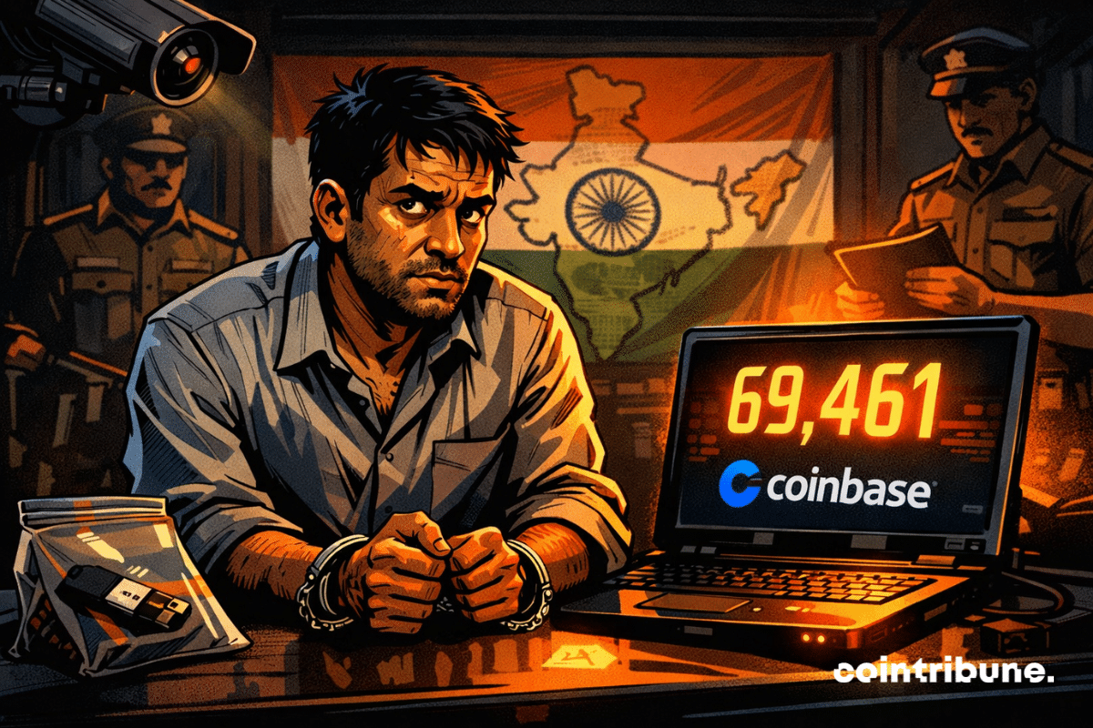 Un homme menotté, visage tendu, face à un écran affichant "69 461" et le logo Coinbase, ambiance indienne sombre.