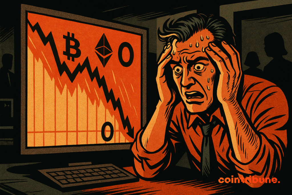 A panicked trader looks at a red screen showing Bitcoin and Ethereum crashing all the way down to zero.