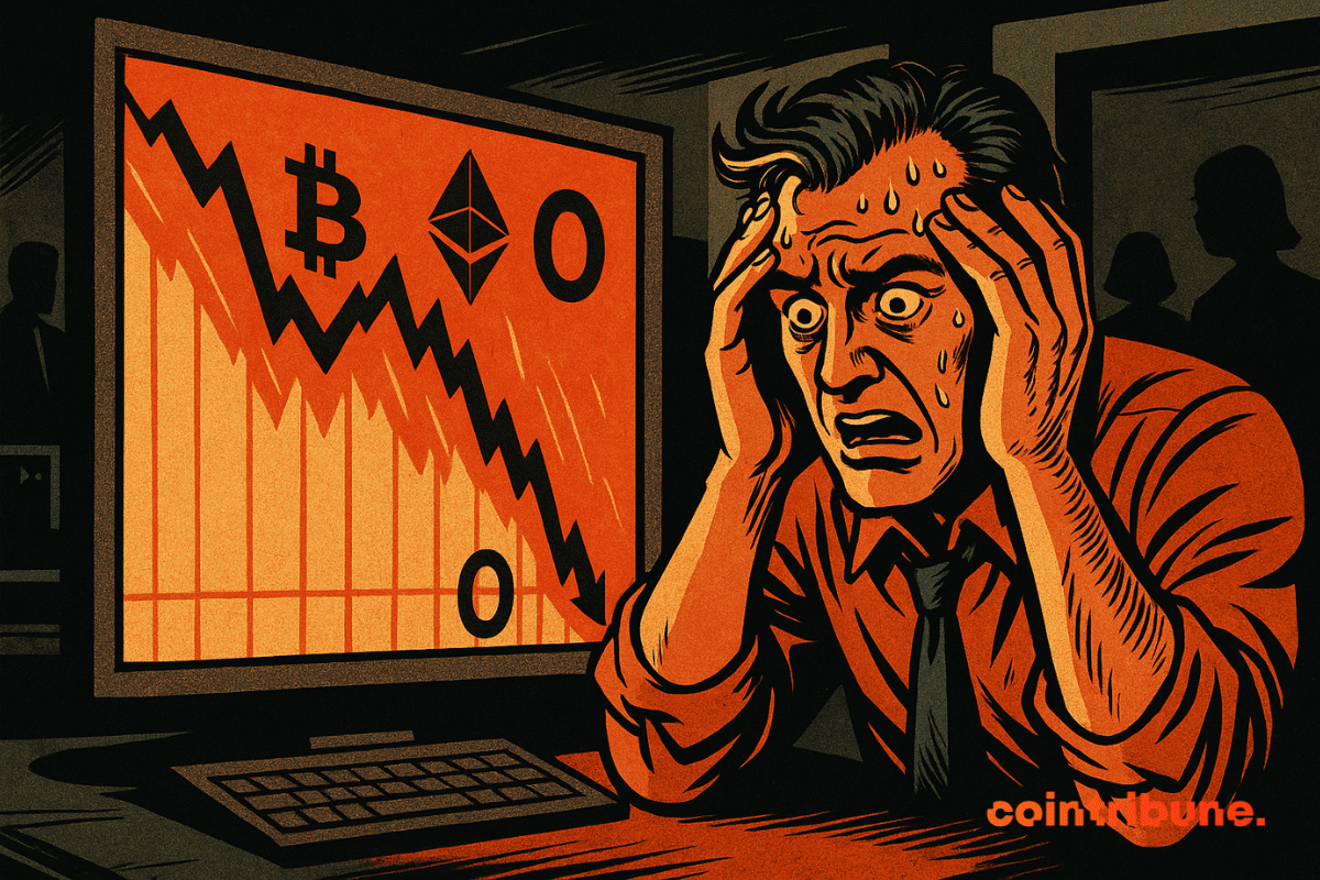 Un trader paniqué regarde un écran rouge affichant la chute brutale des cryptos Bitcoin et Ethereum à zéro.