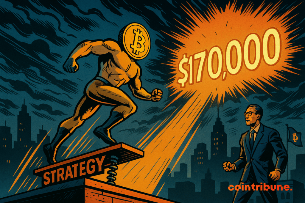 A Bitcoin superhero jumps to 0,000 from a "STRATEGY" platform, under the astonished gaze of an analyst.