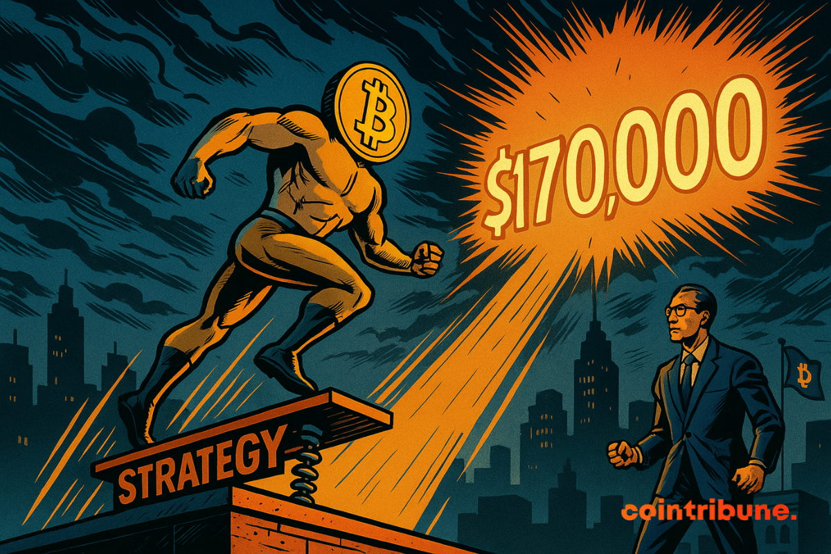 A Bitcoin superhero jumps to 0,000 from a "STRATEGY" platform, under the astonished gaze of an analyst.