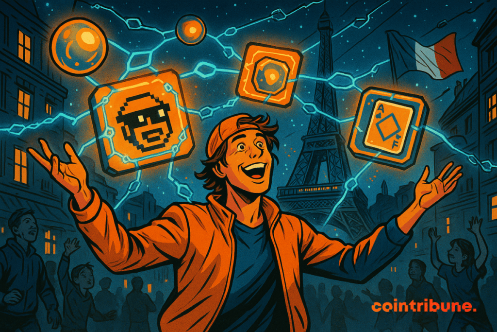 Un jeune homme enthousiaste lève les bras sous un ciel étoilé, entouré d’objets numériques flottants (NFTs, jetons) reliés par une blockchain lumineuse, devant la tour Eiffel et une foule joyeuse.