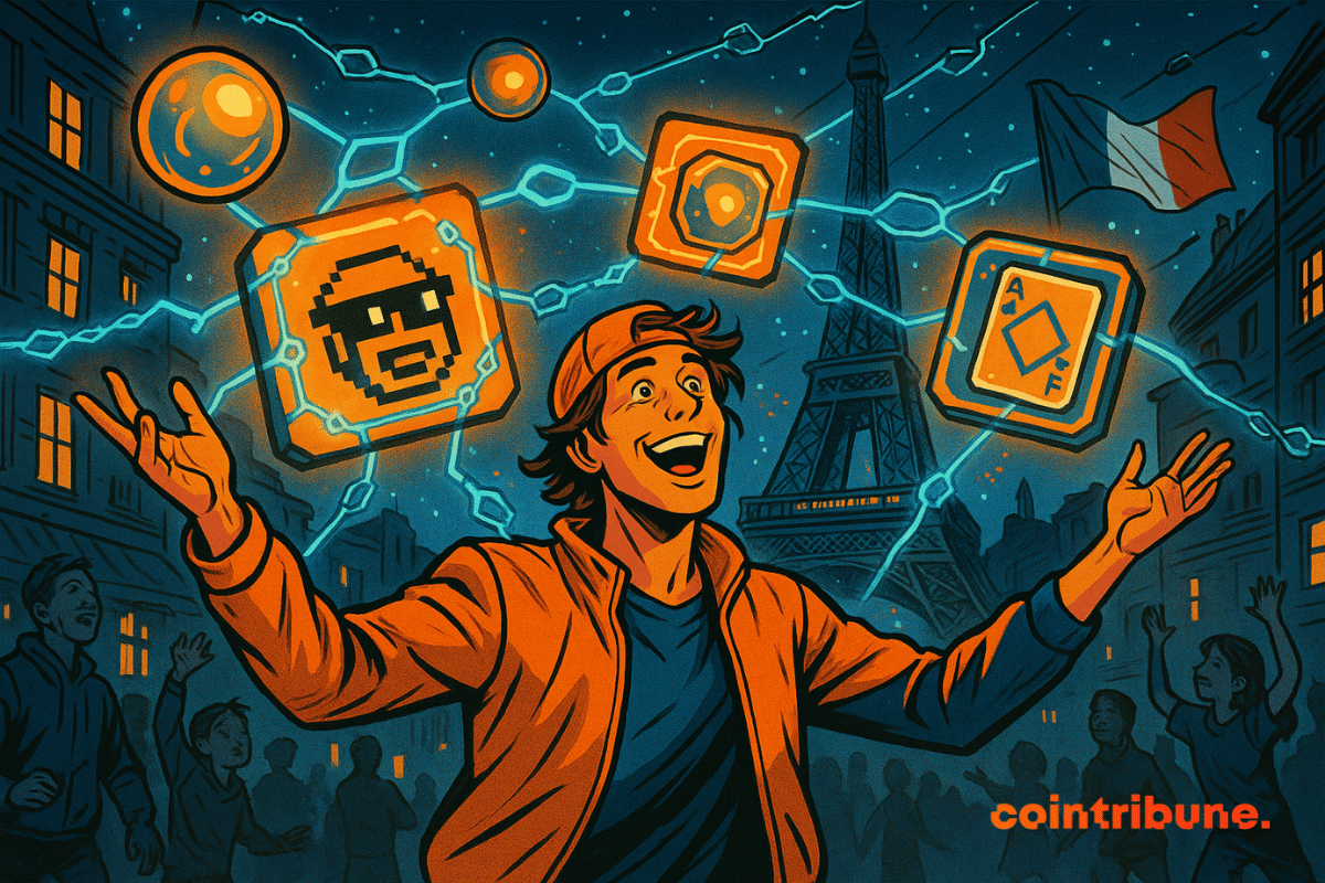 Un jeune homme enthousiaste lève les bras sous un ciel étoilé, entouré d’objets numériques flottants (NFTs, jetons) reliés par une blockchain lumineuse, devant la tour Eiffel et une foule joyeuse.