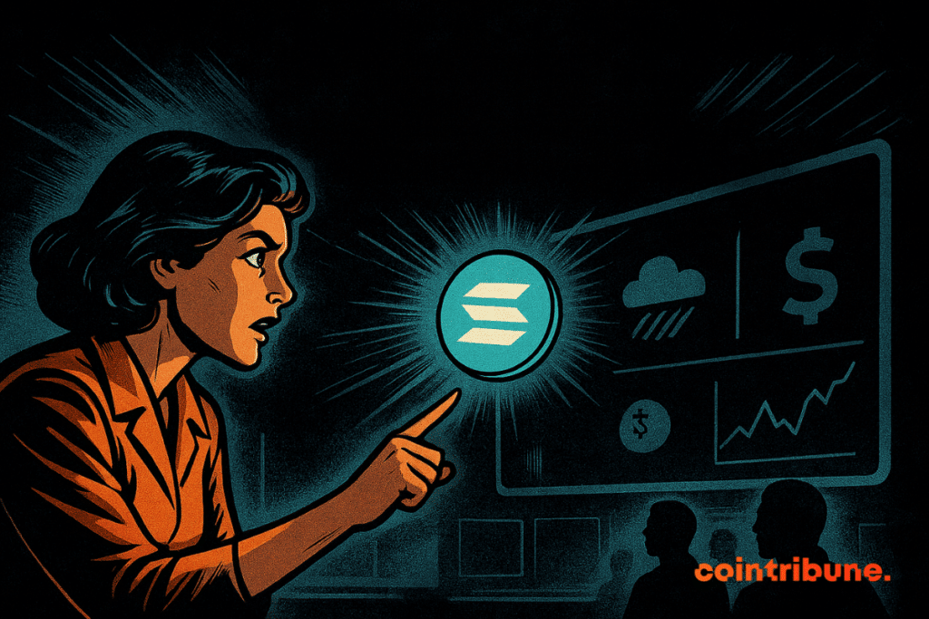 A woman intensely points at a glowing token floating in front of a screen displaying market icons, in a 1970s comic-book style with orange and turquoise tones.