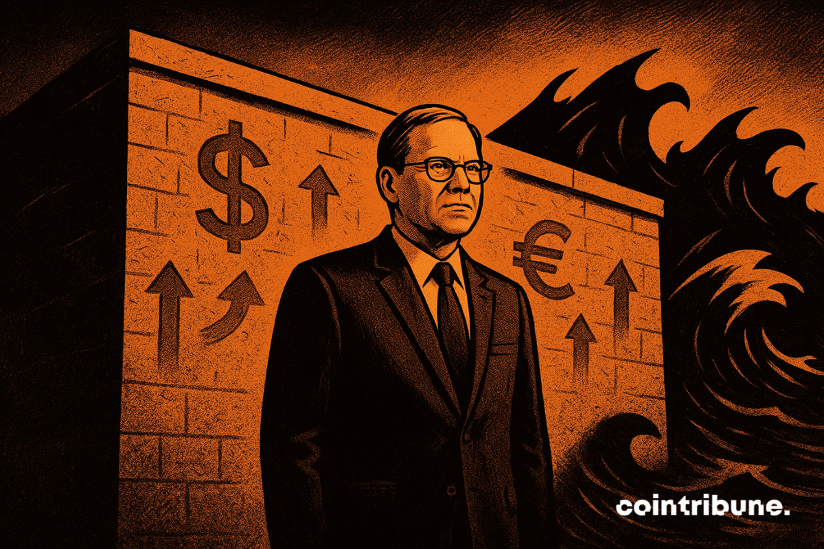 A man in a suit stands firmly in front of a massive wall engraved with economic symbols, while dark waves representing the markets crash behind him in a black-and-orange color palette.
