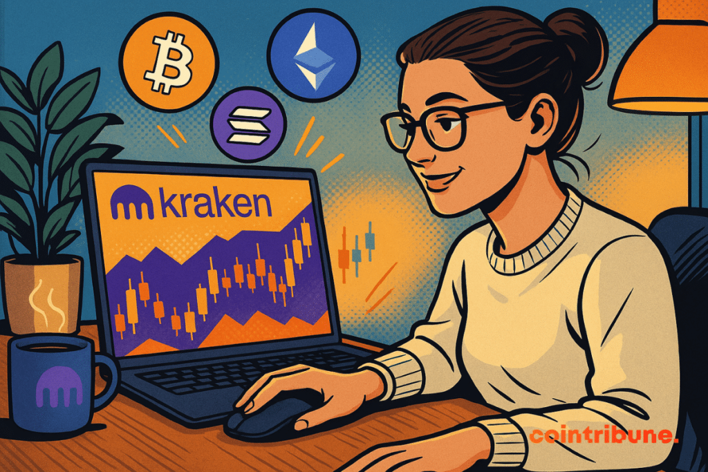 Une femme souriante consulte l’évolution du marché crypto sur son ordinateur portable, affichant le logo Kraken et des chandeliers de trading. Des icônes de Bitcoin, Ethereum et Solana flottent autour d’elle.