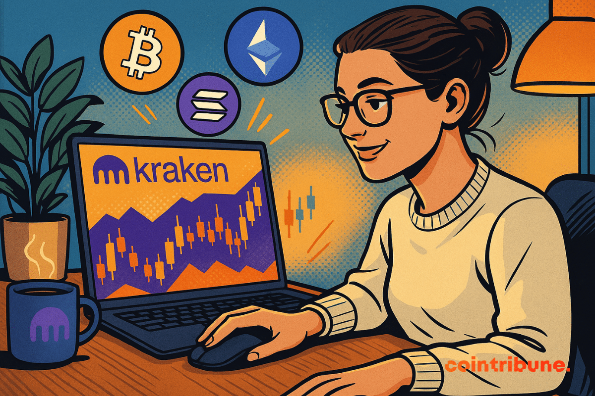 Une femme souriante consulte l’évolution du marché crypto sur son ordinateur portable, affichant le logo Kraken et des chandeliers de trading. Des icônes de Bitcoin, Ethereum et Solana flottent autour d’elle.