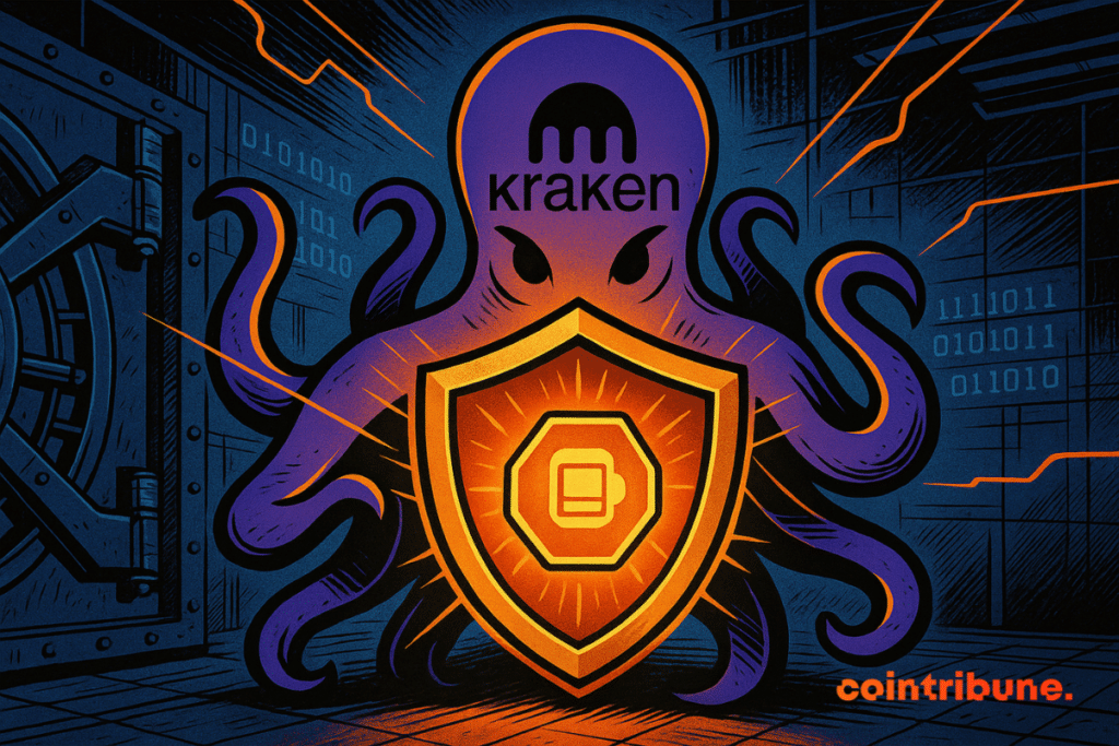 Un pulpo morado con el logotipo de Kraken protege una bóveda digital con un escudo luminoso, que simboliza la seguridad de las criptomonedas.