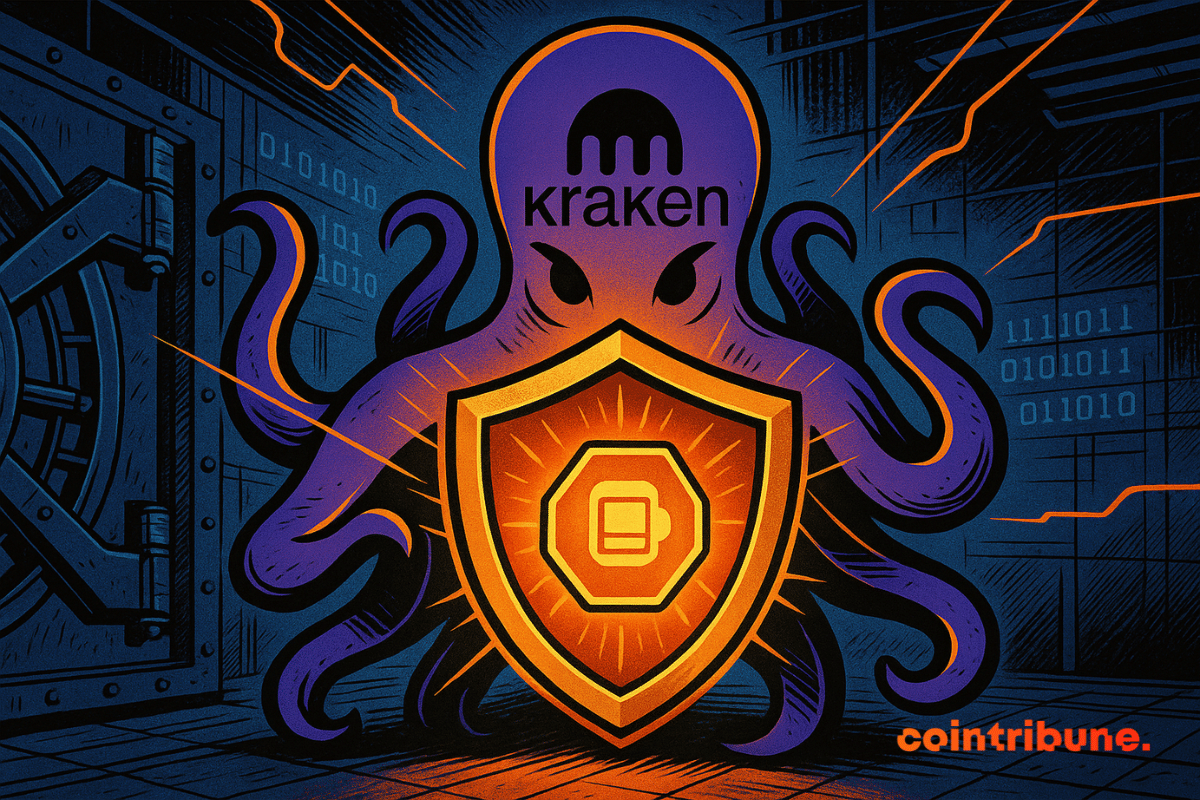 Une pieuvre violette portant le logo Kraken protège une chambre forte numérique avec un bouclier lumineux, symbolisant la sécurité des cryptomonnaies.