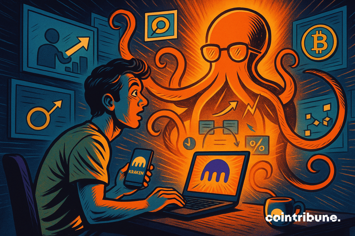 Salle de classe tech moderne, style amphithéâtre numérique. Personnage central : Rôle : Professeur stylisé (silhouette Kraken) en train de projeter des schémas. Posture : Bras (tentacules ?) pointant un écran. Élément central : Un écran géant avec une animation pédagogique sur la blockchain. Arrière-plan : Étudiants de tous âges, visages éblouis. Logo Kraken subtilement intégré dans les plans ou l’interface.