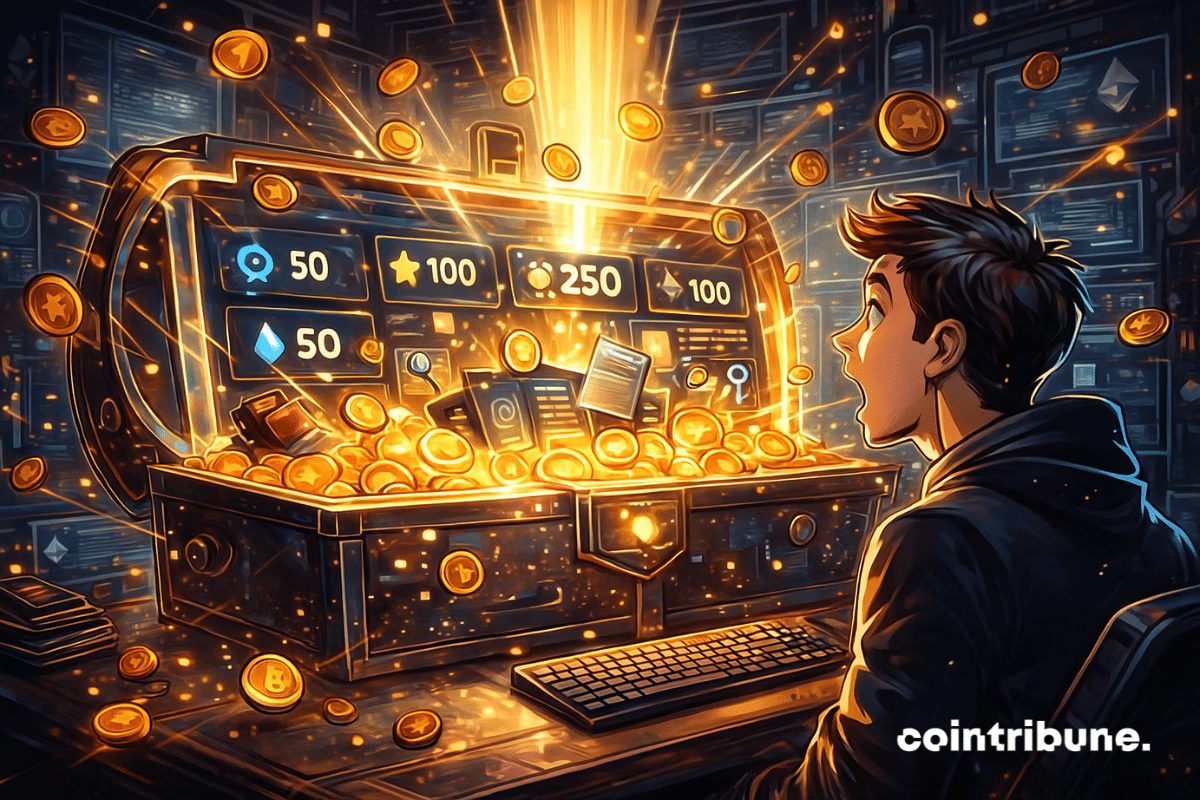 Vue frontale centrée sur un tableau de bord façon coffre au trésor ouvert. Personnage central : Utilisateur bouche bée, en admiration devant le contenu du dashboard. Élément central : Dashboard lumineux avec points (50, 100), icônes de quêtes, pièces flottantes.