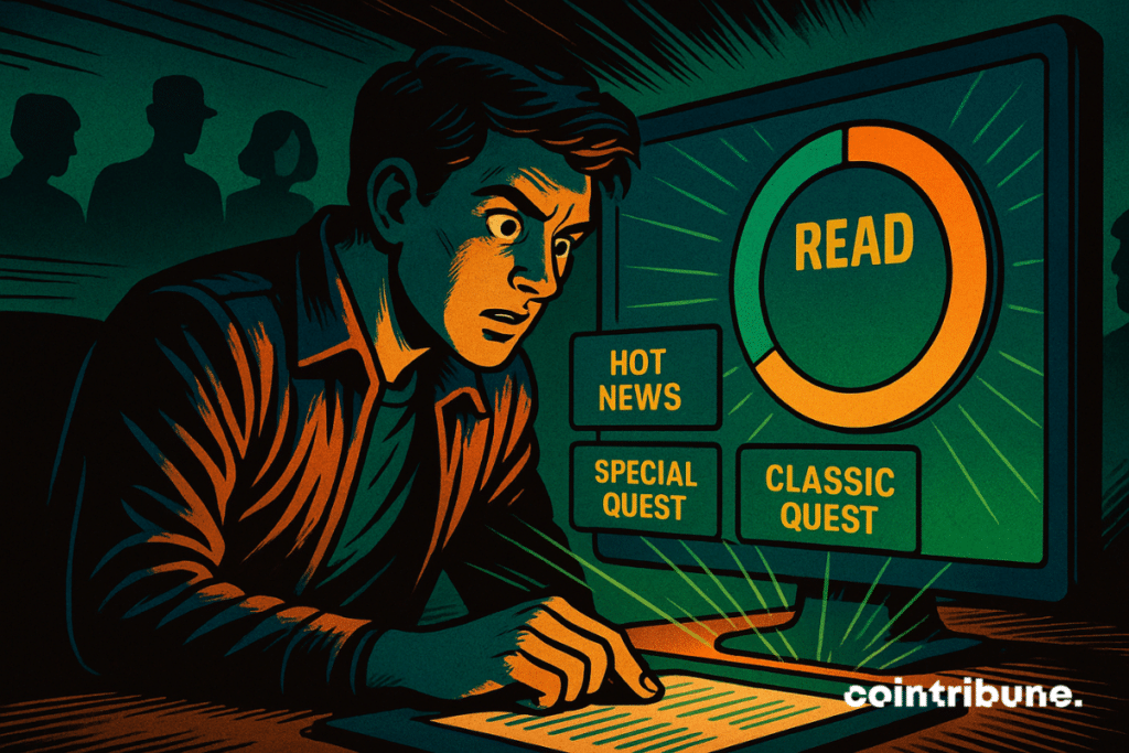 Interior, dark bedroom or office, slightly low-angle shot. Main character: A young adult concentrating in front of a large screen, green/orange light projected onto his face.