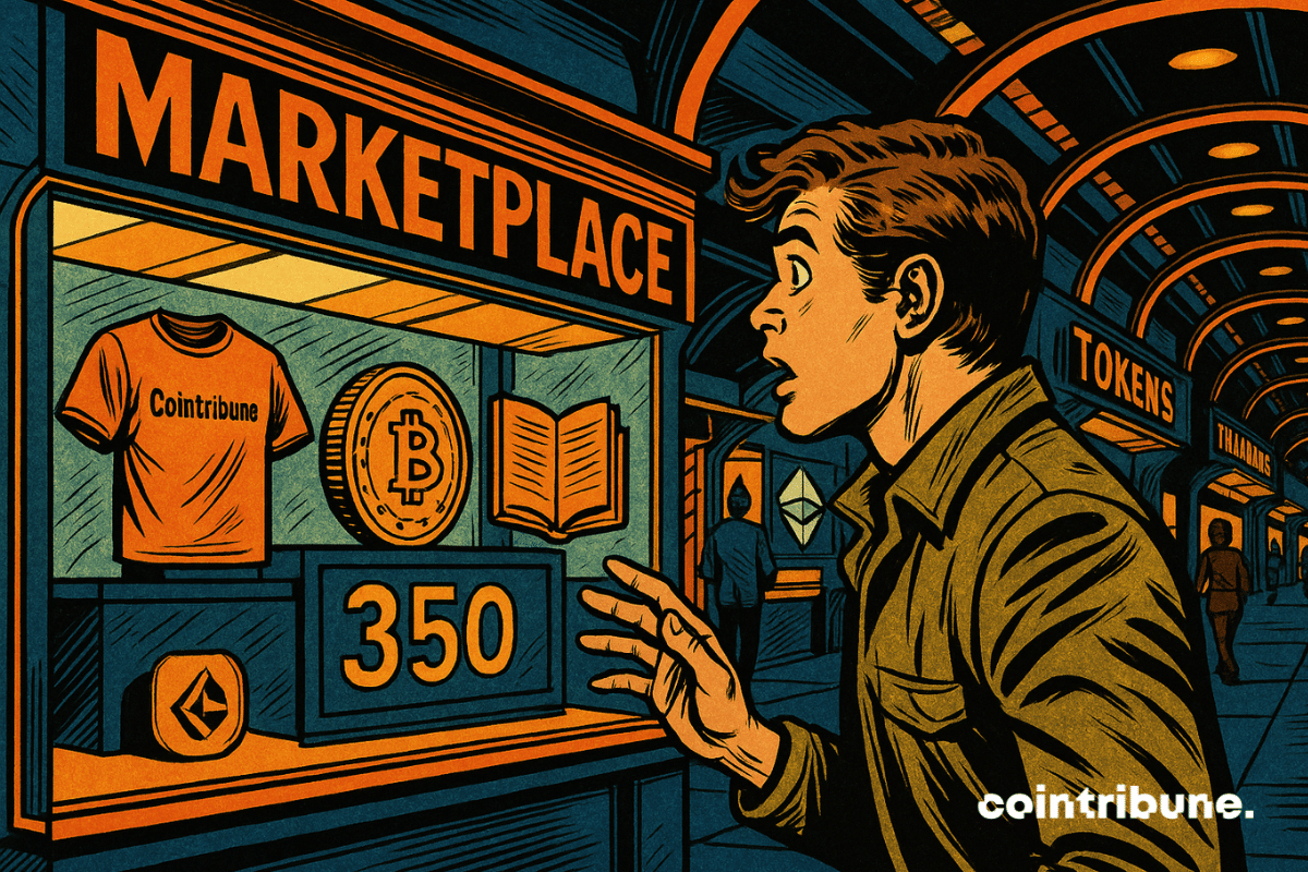 Une allée futuriste remplie de stands de récompenses (goodies, tokens, formations), avec un lecteur fasciné devant une vitrine affichant ses points.