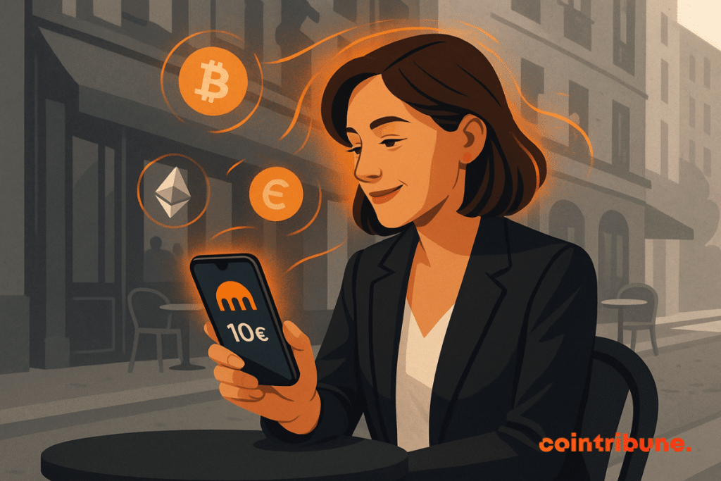 Illustration d’une femme assise en terrasse de café, consultant son smartphone pour effectuer un paiement ou une transaction en cryptomonnaies, avec des icônes Bitcoin, Ethereum et euro flottant autour de l’écran, symbolisant l’utilisation des cryptos au quotidien.