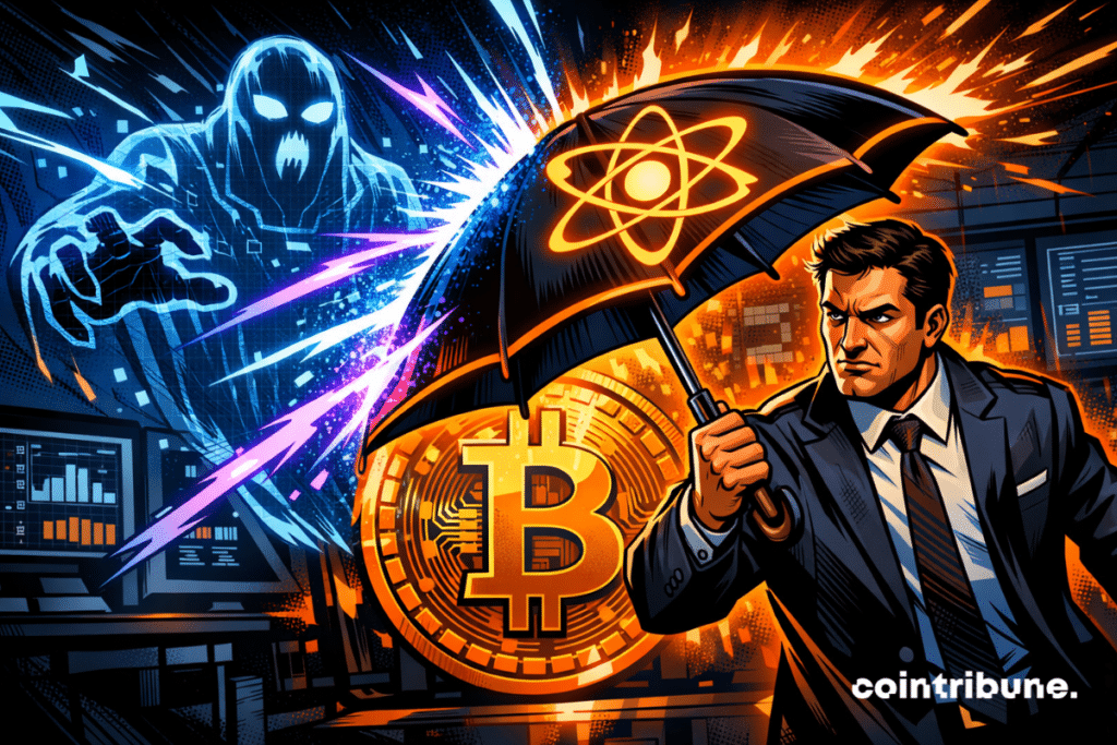 Un homme en costume bloque une attaque énergétique avec un parapluie atomique, protégeant un Bitcoin brillant d’un spectre numérique.