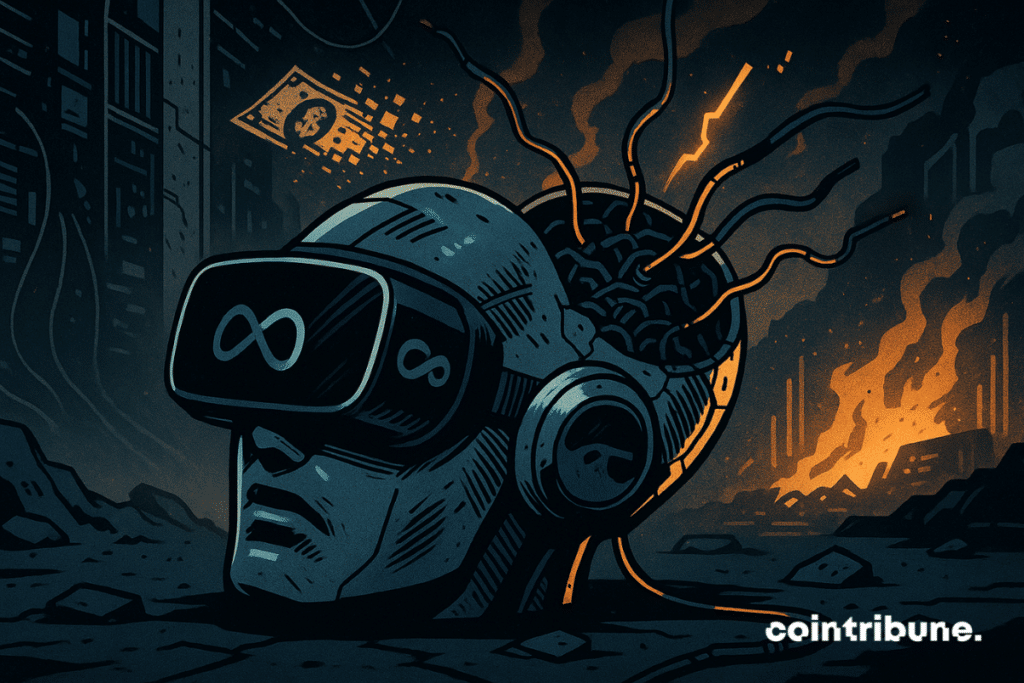 A fusion between a Meta VR headset and a humanoid avatar. The headset features typical Meta design elements, symbolizing the company's shift toward AI.