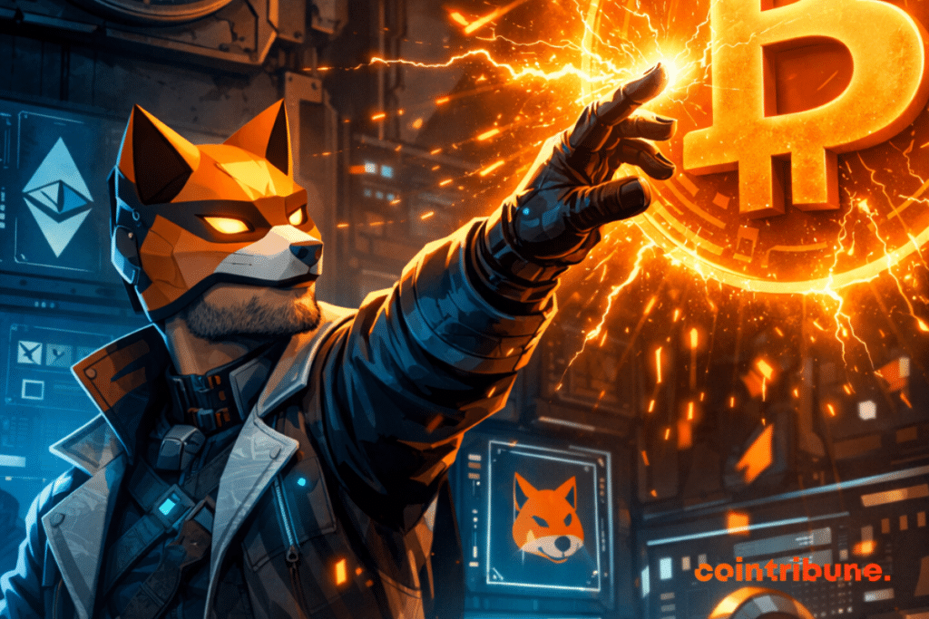 Un ingeniero enmascarado extiende la mano hacia un símbolo de Bitcoin incandescente.