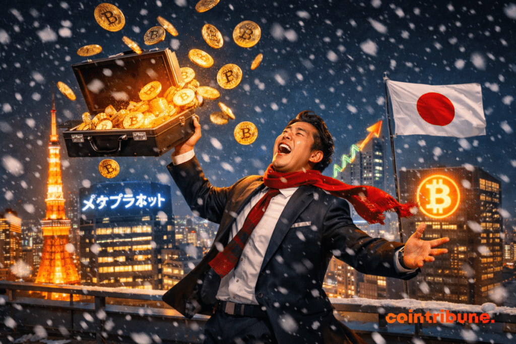 Homme d’affaires japonais jette des Bitcoins depuis un toit à Tokyo, mallette ouverte et ville illuminée en arrière-plan.