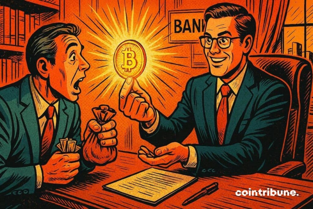 A banker unveils a bitcoin coin to an investor who is dazzled.
