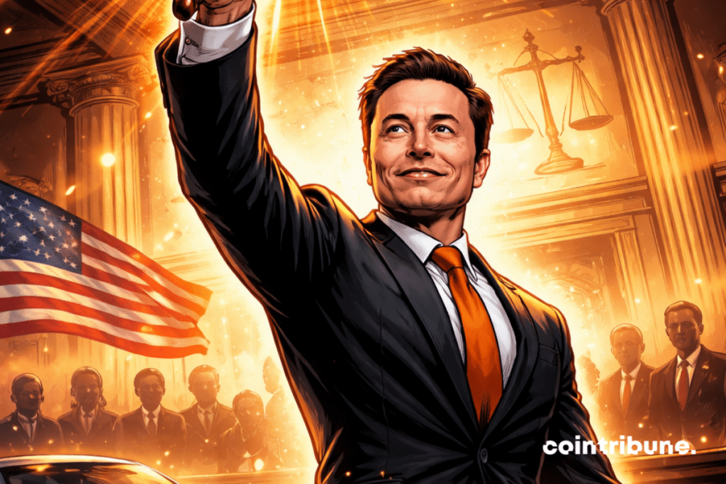 Elon Musk brandit un marteau de juge lumineux dans une salle d’audience, vêtu d’un costume sombre avec une cravate orange, devant une Tesla et un drapeau américain, dans un style comics des années 70.