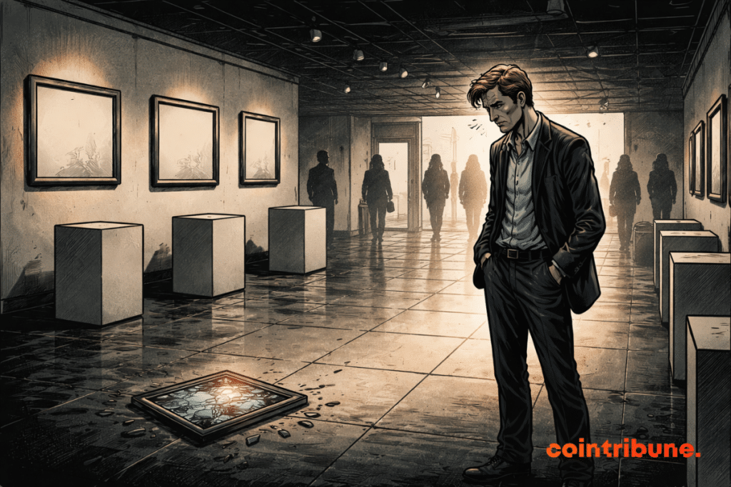 A lone curator stands in a dim NFT gallery with empty pedestals and fading digital art as silhouettes of visitors walk away.