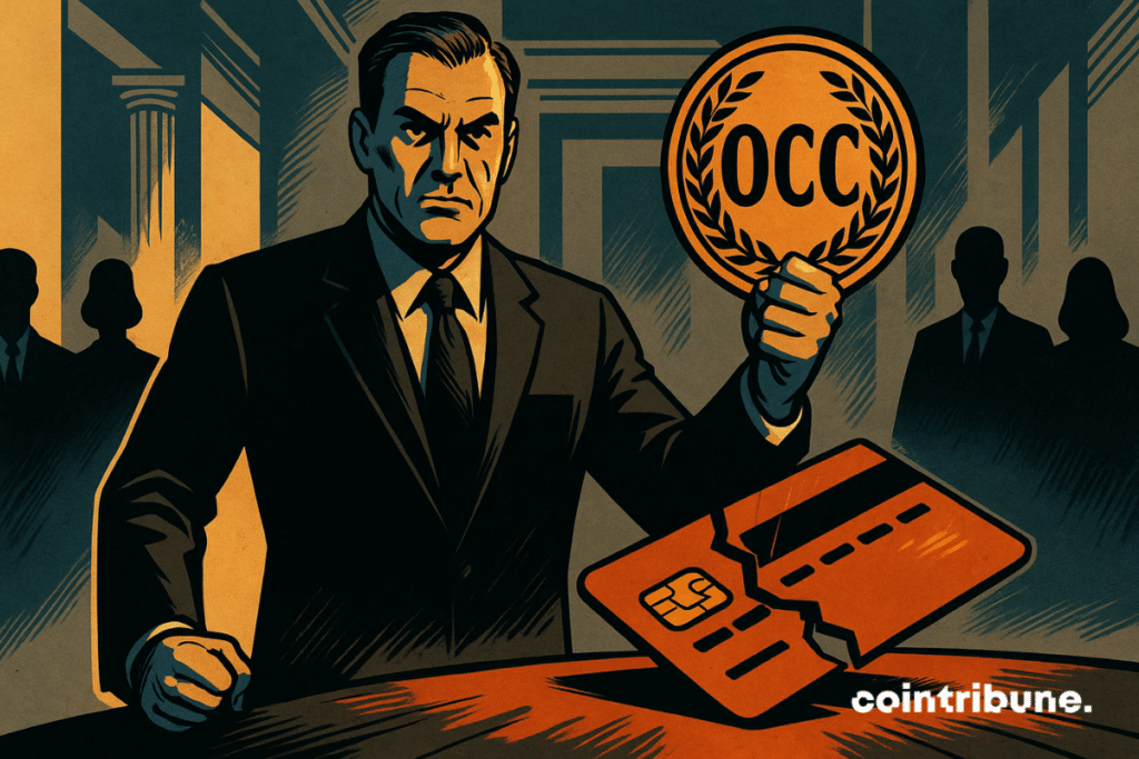 A representative of the regulator, holding an official OCC seal, raises their hand toward a group of silhouettes representing the banks.