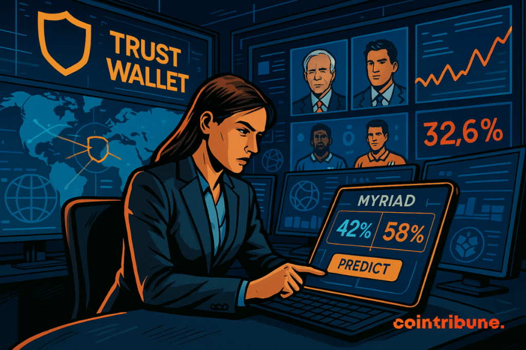 A crypto analyst predicts political and sporting outcomes from a futuristic control room with screens filled with data.