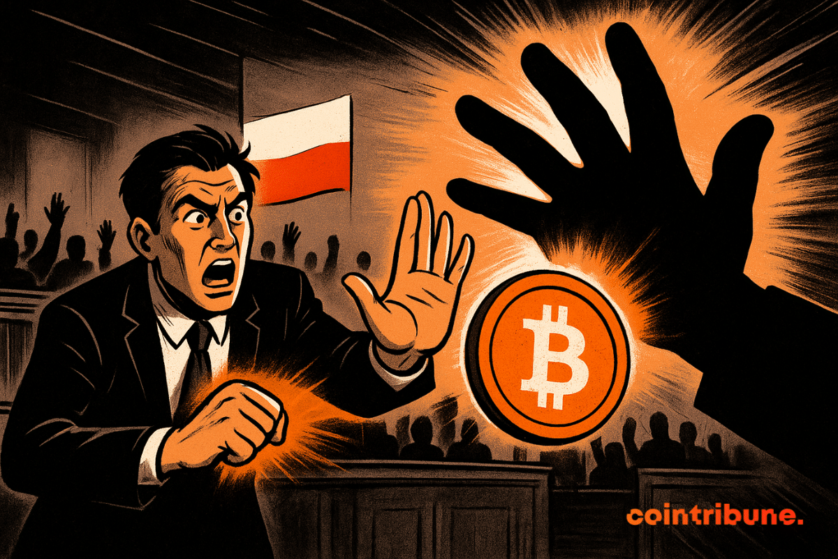A comic-style scene shows a panicked Polish lawmaker in the Poland parliamentary chamber as a giant dark hand blocks a glowing crypto token under the Polish flag.