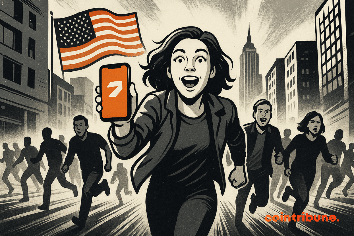 A woman runs in the foreground on an American street, holding up an orange smartphone evoking Polymarket, while a crowd and a US flag emphasize the sense of dynamic momentum.