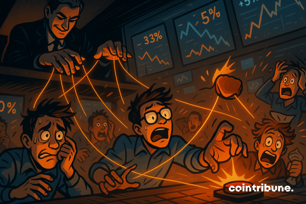 Scène de style bande dessinée montrant un marionnettiste manipulant des traders paniqués sur un marché de prédiction chaotique.