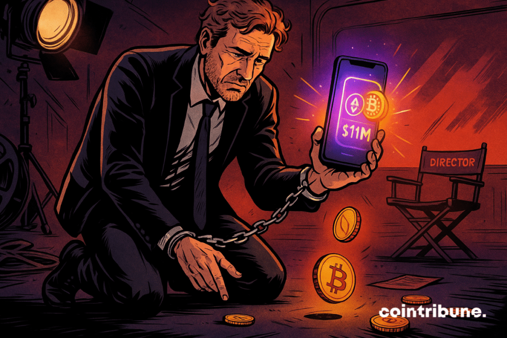 Carl Rinsch handcuffed on a film set, holding a glowing phone showing M in crypto assets.