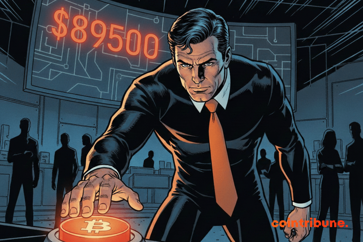 Un homme intense, à la Michael Saylor, appuie sur un bouton Bitcoin dans une salle de commande sombre et tendue.