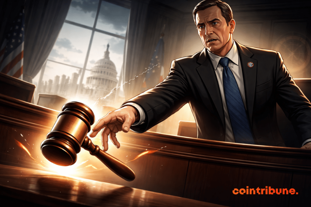 A tense SEC judge drops a glowing gavel in a dark courtroom as the U.S. Capitol looms in the background, signaling a sudden loss of authority.