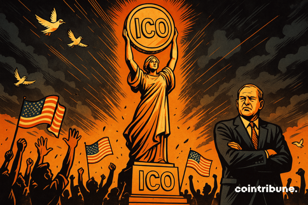 Uma estátua da ICO irradia luz, uma multidão jubilosa, bandeiras americanas hasteadas, céu tempestuoso, Atkins com os braços cruzados observa à distância.