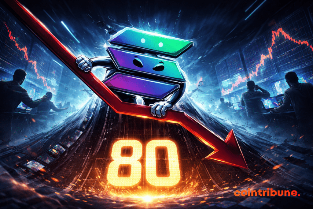 Logo Solana en chute libre, agrippé à un graphique rouge, traders paniqués, chiffre "80" brillant en bas.