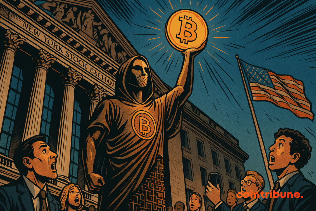 Statue mystérieuse de Satoshi brandissant un Bitcoin lumineux devant la Bourse de New York, foule stupéfaite, drapeau américain flottant.