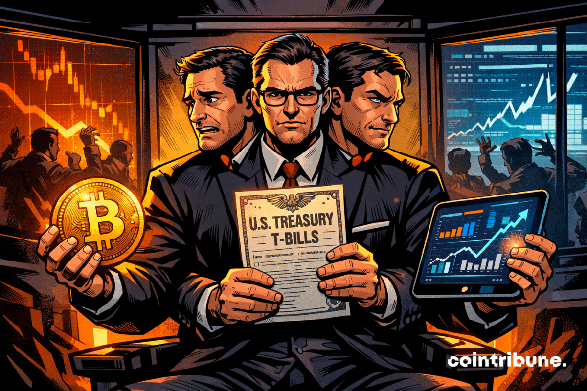 Un homme à trois têtes incarne BlackRock, tenant Bitcoin, T-Bills et tech, entouré de traders paniqués en arrière-plan.