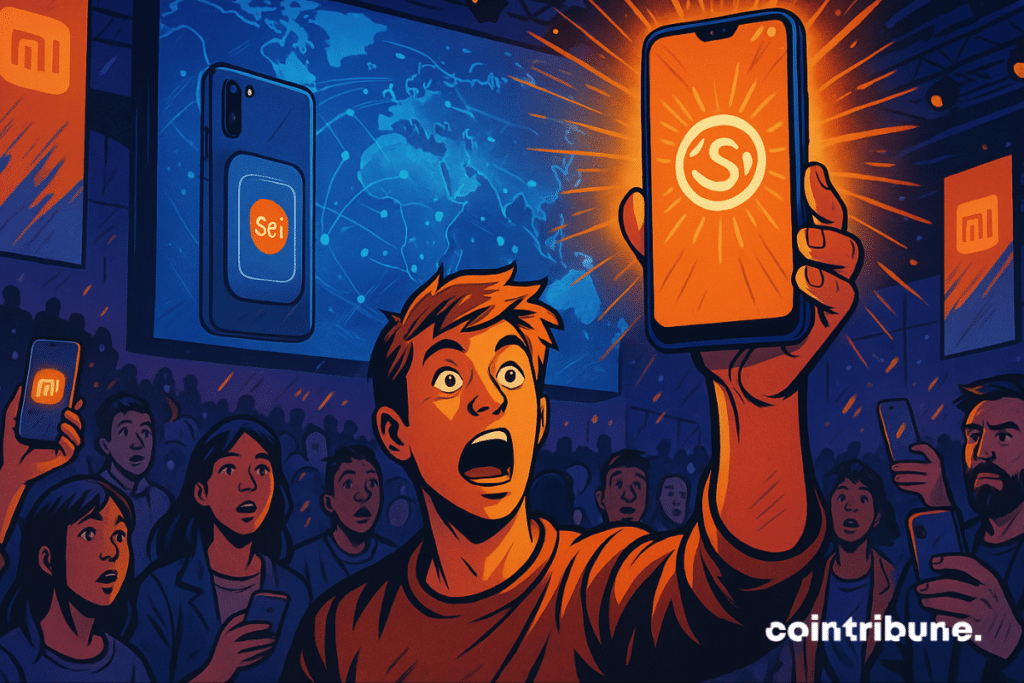 A crowd reacts as a glowing Sei wallet appears on a Xiaomi phone during a global tech event.