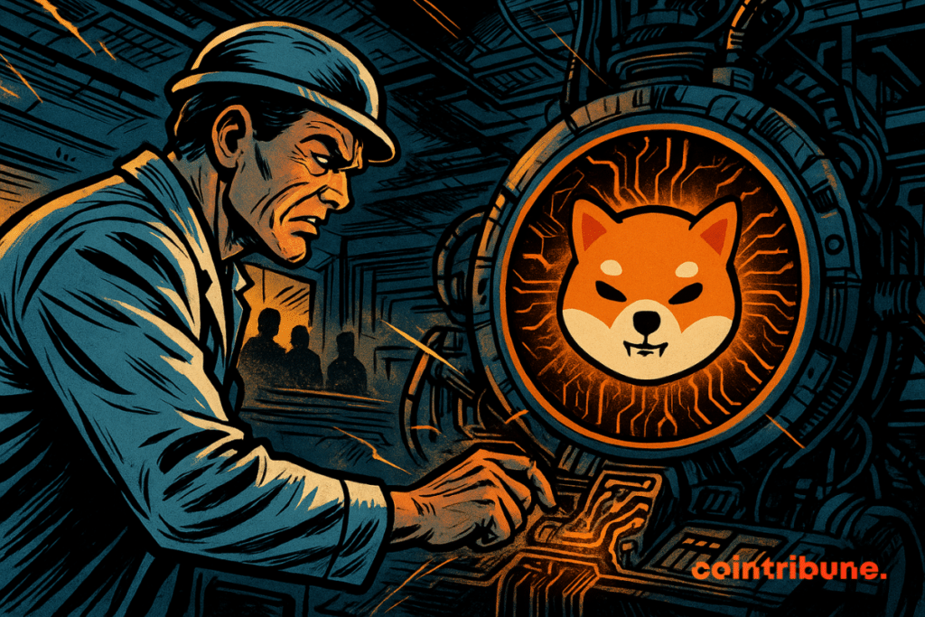A comic-style scene shows a focused technician operating a futuristic machine illuminated by an orange Shiba Inu symbol.