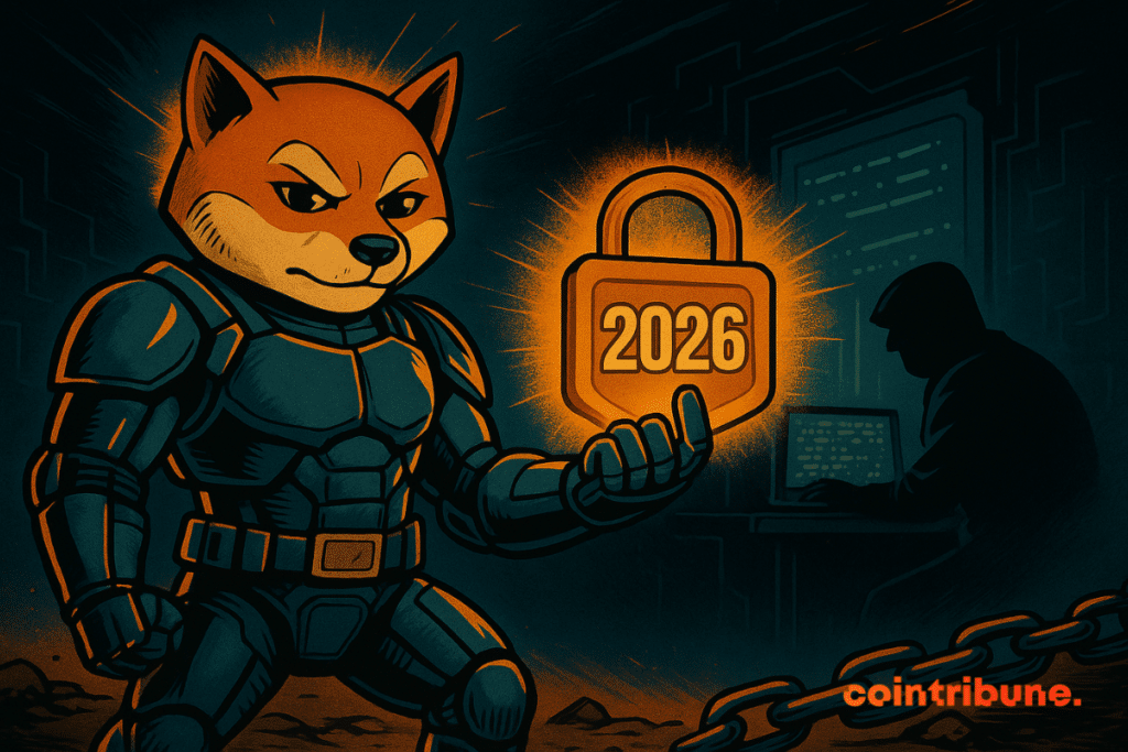 Comic-style illustration of an armored Shiba Inu holding a glowing padlock labeled "2026", symbolizing a privacy-focused blockchain upgrade.