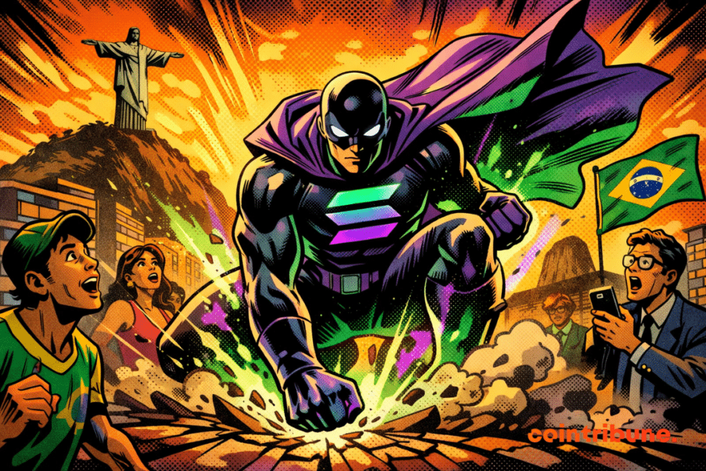 Super-héros Solana atterrissant à Rio, énergie explosive, foule émerveillée, drapeau brésilien et Cristo Redentor en fond.