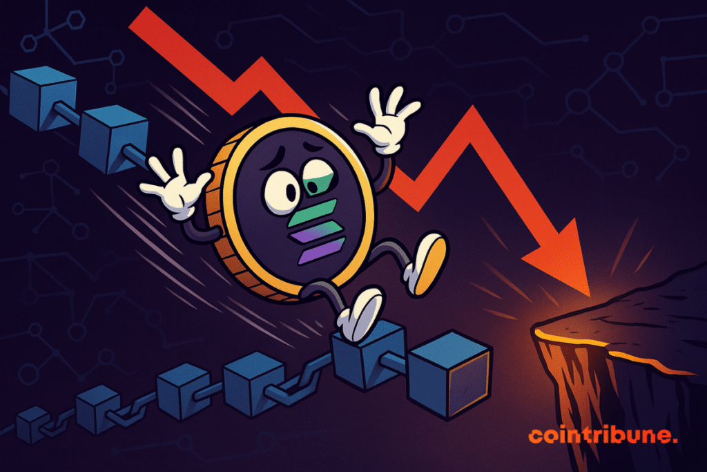 Pièce Solana effrayée glissant sur une blockchain, flèche rouge descendante, vers un rebord orange symbolisant un support.
