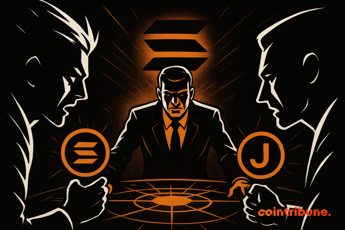 Una tensa escena de negociación muestra un mediador central iluminado en naranja que separa dos siluetas opuestas que representan a Kamino y Júpiter alrededor de una mesa futurista.