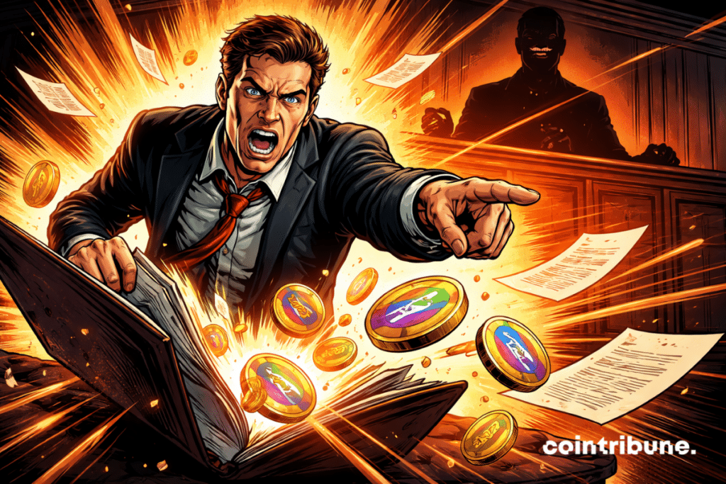 Dans une salle d'audience, un investisseur furieux ouvre un dossier juridique d'où s'échappent des cryptomonnaies, tandis qu'un initié louche affiche un sourire narquois derrière le banc du juge.