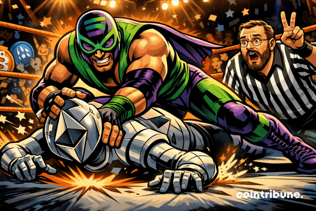Solana wrestler pins Ethereum robot in comic-style ring as shocked referee Hoskinson counts down.