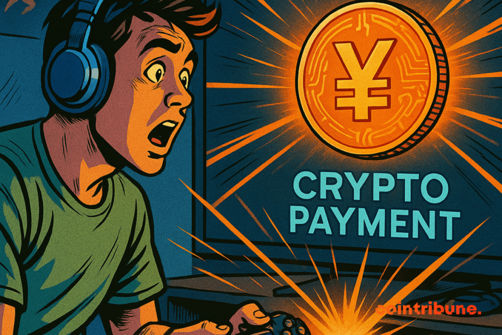 Jeune gamer stupéfait devant un écran PlayStation affichant un paiement crypto avec un jeton ¥ numérique lumineux.