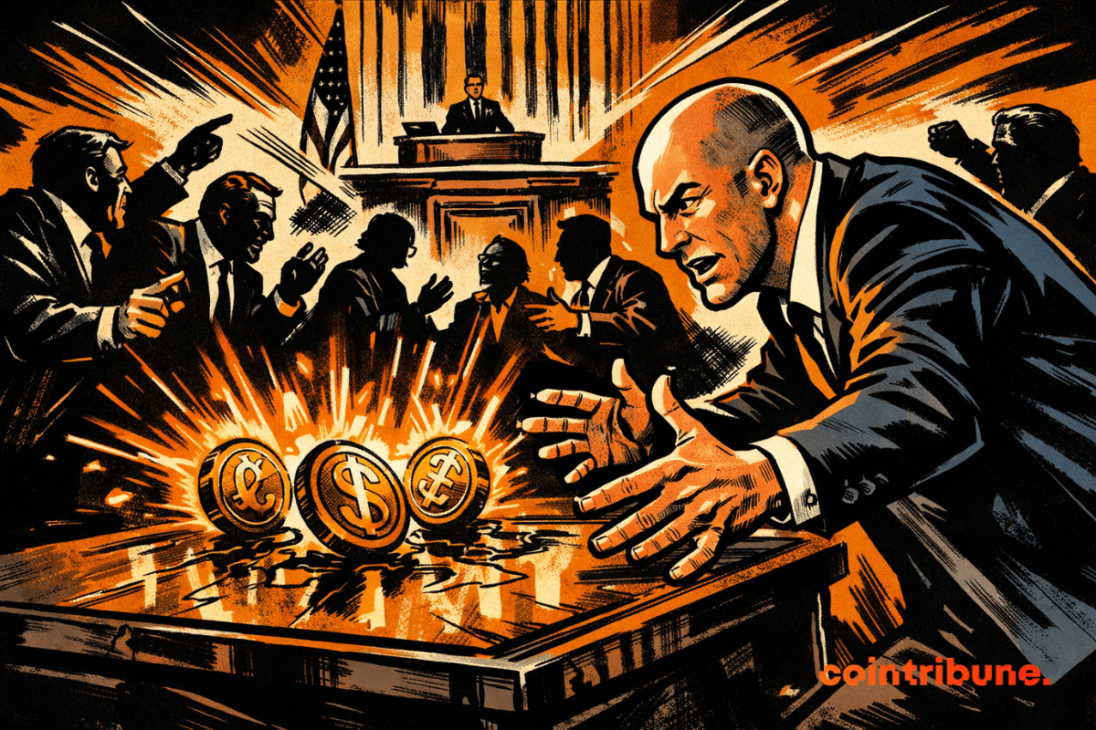 Une scène comique dans le style des années 1970 montre un dirigeant du secteur des cryptomonnaies tendu, penché sur une table, tandis que des stablecoins orange vif vibrent et que des législateurs obscurs se disputent dans une salle du Congrès chaotique.