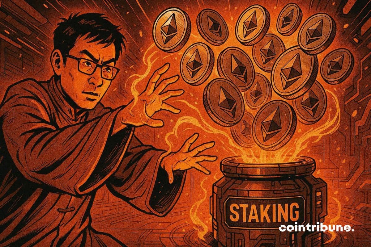 Le patron de Bitmine, Tom Lee, qui transporte des pièces d’ETH pour mettre dans un vase staking Ethereum.