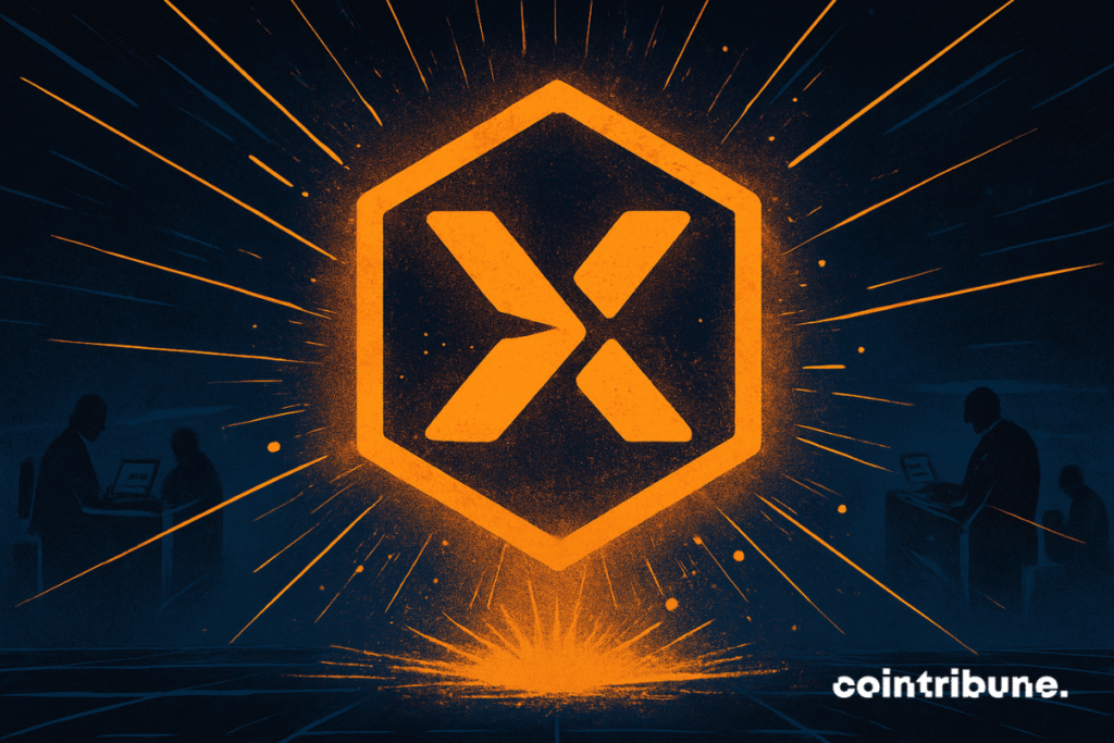 Un jeune trader crypto se tient dans un espace futuriste abstrait, comme une grande plateforme flottante. Il observe, ébloui, un hologramme DEX de StandX orange éclatant qui flotte juste au-dessus de ses mains.